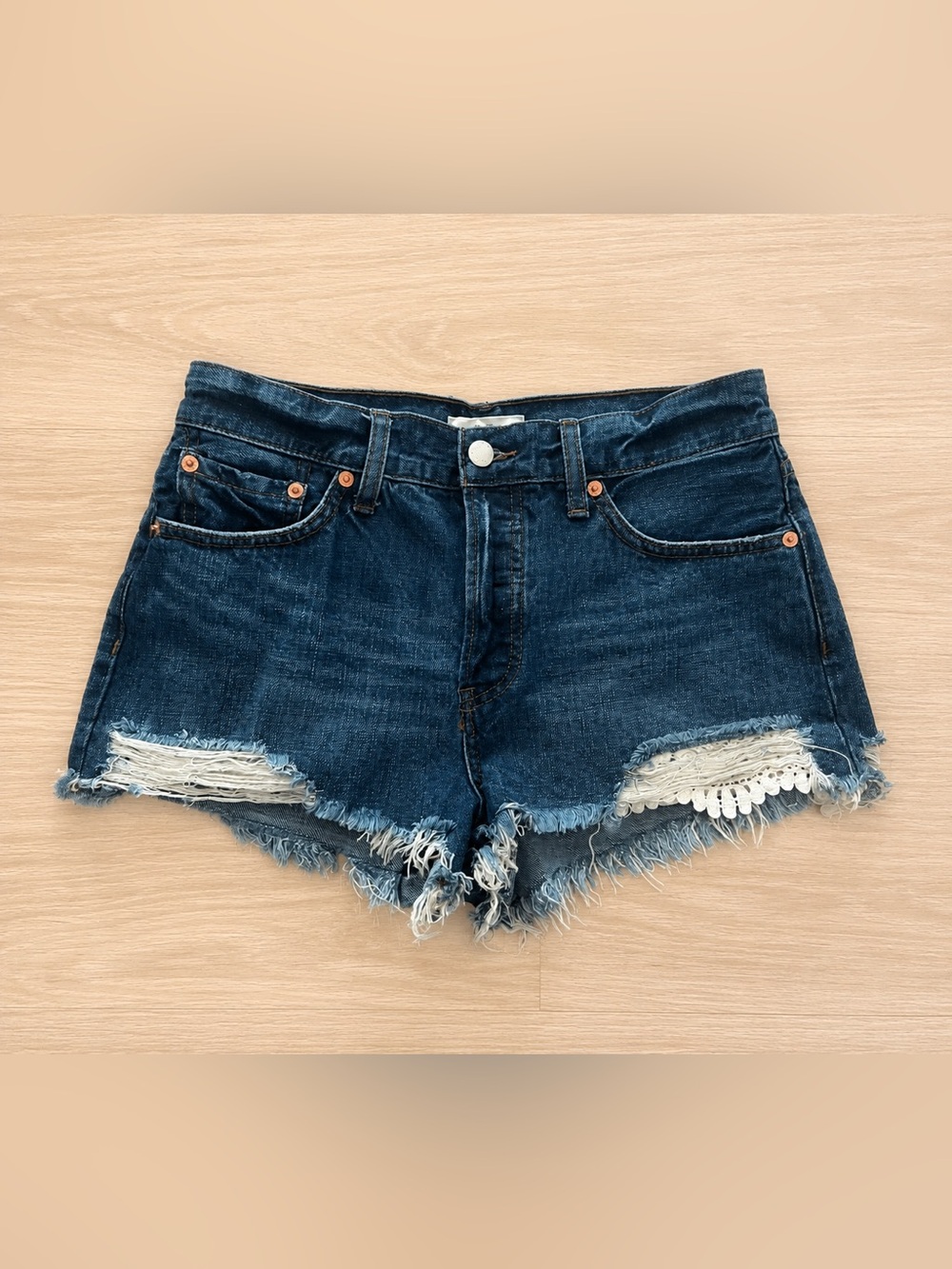We The Free Dark Blue Denim Lace-Trim Frayed Hem Shorts